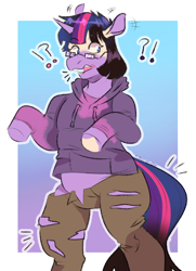 Size: 1500x2069 | Tagged: safe, artist:spacecorgi, derpibooru import, twilight sparkle, human, pony, unicorn, g4, clothes, exclamation point, glasses, hoodie, horn, human to pony, interrobang, mid-transformation, pants, passepartout, question mark, ripping clothes, solo, species swap, standing, transformation