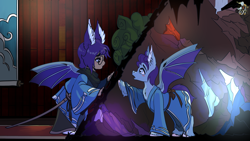 Size: 3840x2160 | Tagged: safe, artist:brainiac, derpibooru import, oc, oc only, oc:wax n' wane, bat pony, pony, bat pony oc, cavern, clothes, commission, crossover, duality, final fantasy, final fantasy xiv, glasses, glowing crystals, hakama, indoors, kimono (clothing), lalafell, ponified, samurai, self paradox, species swap