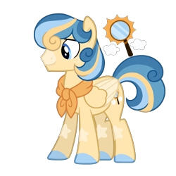 Size: 1800x1800 | Tagged: safe, artist:strawberry-spritz, derpibooru import, oc, oc only, oc:sunbeam scope, pegasus, pony, bandana, bangs, base used, blue eyes, blue hooves, blue mane, blue tail, coat markings, colored hooves, colored wings, colored wingtips, commission, cream wingtips, facial markings, folded wings, freckles, hooves, leg markings, male, male oc, multicolored mane, multicolored tail, neckerchief, offspring, parent:oc:shootin' star, parent:oc:stratus sky, parents:oc x oc, pegasus oc, profile, simple background, smiling, snip (coat marking), solo, stallion, stallion oc, standing, star mark, stars, tail, transparent background, two toned wings, vulgar source, wings, yellow coat, yellow wingtips