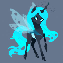 Size: 800x800 | Tagged: safe, artist:pinpomme, derpibooru import, oc, oc only, oc:queen fylifa, changeling, changeling queen, antennae, blue changeling, changeling oc, changeling queen oc, cyan eyes, female, gradient horn, gray background, horn, looking at you, raised hoof, raised leg, simple background, slit eyes, solo