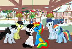 Size: 6749x4648 | Tagged: safe, artist:shieldwingarmorofgod, derpibooru import, rainbow dash, soarin', oc, oc:chloe park, oc:sadie park, oc:shane park, oc:shield wing, pegasus, pony, g4, female, gay, kiss on the lips, kissing, male, mare, stallion