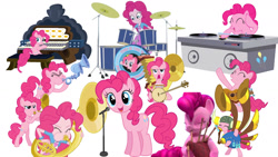 Size: 1280x720 | Tagged: safe, artist:mariahkool, derpibooru import, pinkie pie, earth pony, pony, equestria girls, g4, hello pinkie pie, bagpipes, banjo, bipedal, butt, female, guitar, harmonica, mare, microphone, musical instrument, my little pony: friendship is magic, organ, organ to the outside, plot, sitting, solo, tuba, yovidaphone