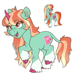 Size: 1181x1178 | Tagged: safe, artist:caffeinatedcarny, derpibooru import, bright eyes, earth pony, pony, unicorn, g1, my little pony tales, bipedal, cloven hooves, coat markings, colored hooves, colored horn, cute, cute little fangs, eye clipping through hair, eyebrows, eyebrows visible through hair, fangs, female, freckles, gradient mane, gradient tail, hooves, horn, leg freckles, leonine tail, mare, multicolored eyes, open mouth, open smile, pink horn, race swap, raised hoof, raised leg, redesign, signature, simple background, smiling, socks (coat marking), solo, species swap, tail, transparent background, unicorn bright eyes, unshorn fetlocks