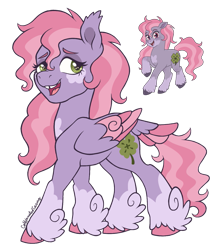 Size: 1079x1243 | Tagged: safe, artist:caffeinatedcarny, derpibooru import, clover (g1), earth pony, pegasus, g1, my little pony tales, coat markings, colored hooves, colored wings, dark eyes, ear tufts, facial markings, feathered ears, feathered fetlocks, female, fetlock tuft, folded wings, hooves, lidded eyes, mare, multicolored wings, not starsong, open mouth, open smile, pegasus clover (g1), pink hair, race swap, redesign, signature, simple background, smiling, socks (coat marking), solo, species swap, tail, tail feathers, tooth gap, transparent background, unshorn fetlocks, wings