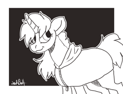 Size: 1500x1159 | Tagged: safe, artist:lawkbutt, derpibooru import, oc, oc only, unicorn, horn, monochrome, passepartout, signature, solo