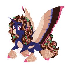 Size: 4400x4000 | Tagged: safe, artist:gigason, derpibooru import, oc, oc only, oc:garland ganache, alicorn, pony, g4, absurd resolution, adoptable, alicorn oc, berries in hair, berries in tail, bipedal, blank flank, blue coat, brown mane, brown tail, coat markings, colored, colored belly, colored eyebrows, colored fetlocks, colored hooves, colored pinnae, colored pupils, colored wings, colored wingtips, colorful, crack ship offspring, curly hair, curly mane, curly tail, ear fluff, ears, eye clipping through hair, eye markings, eyelashes, facial markings, flat colors, hooves, horn, leaves, leaves in hair, leaves in mane, leaves in tail, long mane, long tail, looking back, magenta pupils, magical lesbian spawn, multicolored wings, nonbinary, nonbinary oc, obtrusive watermark, offspring, pale belly, parent:cup cake, parent:princess luna, pink eyes, pink hooves, purple coat, raised hoof, raised leg, simple background, smiling, snip (coat marking), socks (coat marking), solo, speckled, spread wings, striped horn, tail, thick eyelashes, three quarter view, transparent background, unicorn horn, watermark, wings