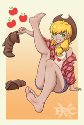 Size: 1000x1500 | Tagged: safe, artist:eric x, derpibooru import, applejack, human, g4, barefoot, book, boots, clothes, feet, female, fetish, foot fetish, humanized, looking at you, shoes, shoes removed, solo, toes