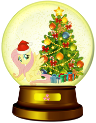 Size: 1700x2177 | Tagged: safe, artist:lizzmcclin, derpibooru import, fluttershy, pegasus, pony, g4, christmas, christmas tree, cute, hat, holiday, santa hat, shyabetes, simple background, snow globe, transparent background, tree