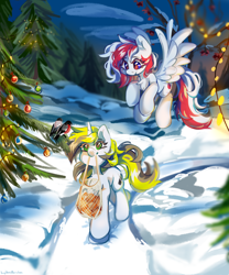 Size: 4000x4800 | Tagged: safe, artist:vanilla-chan, derpibooru import, oc, oc only, oc:red wine, oc:yellowglaze, pegasus, pony, unicorn, chest fluff, horn, outdoors, pegasus oc, snow, tail, two toned mane, two toned tail, unicorn oc, winter