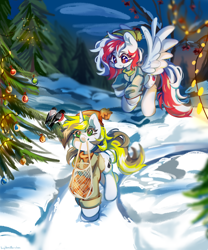 Size: 4000x4800 | Tagged: safe, artist:vanilla-chan, derpibooru import, oc, oc only, oc:red wine, oc:yellowglaze, pegasus, pony, unicorn, chest fluff, clothes, horn, outdoors, pegasus oc, scarf, snow, tail, two toned mane, two toned tail, unicorn oc, winter