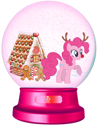 Size: 1700x2177 | Tagged: safe, artist:lizzmcclin, derpibooru import, pinkie pie, earth pony, pony, g4, antlers, christmas, female, food, gingerbread (food), gingerbread house, gingerbread man, holiday, reindeer antlers, rudolph nose, rudolph the red nosed reindeer, simple background, snow globe, solo, transparent background