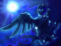 Size: 2048x1536 | Tagged: safe, artist:mystyswirl, derpibooru import, princess luna, alicorn, pony, g4, backlighting, beautiful, blue eyes, blue mane, blue tail, cloud, concave belly, crown, digital art, ethereal mane, ethereal tail, eyeshadow, feather, female, flowing mane, flowing tail, flying, gem, glowing, hoof shoes, horn, jewelry, looking at you, majestic, makeup, mare, moon, moonlight, night, outdoors, peytral, princess shoes, redraw, regalia, signature, sky, solo, sparkles, spread wings, starry mane, starry tail, stars, sternocleidomastoid, tail, wings