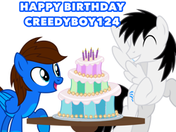 Size: 1024x768 | Tagged: safe, artist:bluemario11, derpibooru import, oc, oc only, oc:blue thunder, oc:shane park, pegasus, pony, birthday cake, cake, food, male, simple background, transparent background