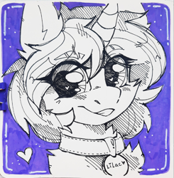 Size: 2118x2160 | Tagged: safe, artist:lilacclime, derpibooru import, oc, oc only, oc:lilac clime, pony, unicorn, blushing, collar, eye clipping through hair, eyebrows, eyebrows visible through hair, eyelashes, female, grayscale, horn, looking at you, mare, monochrome, smiling, solo, watermark