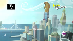 Size: 1280x720 | Tagged: safe, derpibooru import, screencap, g4, rarity takes manehattan, city, cityscape, hub logo, logo, manehattan, my little pony: friendship is magic, no pony, scenery, the hub, tv rating, tv-y