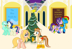 Size: 5369x3659 | Tagged: safe, artist:shieldwingarmorofgod, derpibooru import, bon bon, lyra heartstrings, starlight glimmer, sweetie drops, oc, oc:allie, oc:fidget, oc:shield wing, g4, christmas, christmas shopping, christmas tree, female, holiday, lesbian, lyrabon, mall, shipping, tree