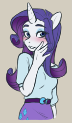 Size: 467x796 | Tagged: safe, artist:alruic, derpibooru import, rarity, anthro, unicorn, g4, beige background, blouse, blushing, bust, clothes, equestria girls outfit, female, finger, hand, horn, i can't believe it's not chub-wub, mare, portrait, simple background, smiling, solo