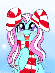 Size: 780x1025 | Tagged: safe, artist:therainbowtroll, derpibooru import, minty, earth pony, pony, g3, christmas, christmas stocking, clothes, female, holiday, mare, open mouth, open smile, scarf, smiling, snow, socks, solo, that pony sure does love socks