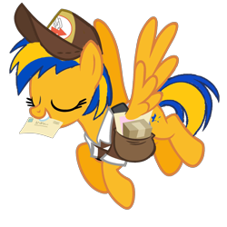 Size: 1748x1748 | Tagged: safe, artist:mlpfan3991, derpibooru import, oc, oc:flare spark, pegasus, bag, eyes closed, flying, hat, mail, mailbag, mailmare