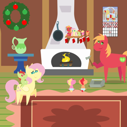 Size: 2160x2160 | Tagged: safe, anonymous artist, derpibooru import, big macintosh, fluttershy, oc, oc:apple sorbet, oc:late riser, oc:pink lemonade, earth pony, pegasus, pony, series:fm holidays, series:hearth's warming advent calendar 2024, g4, advent calendar, alternate hairstyle, baby, baby pony, christmas, colt, family, female, fireplace, fluttermac, fluttershy's cottage, foal, hammer, hearth's warming doll, high res, holiday, hoof hold, lineless, looking up, male, mare, offspring, parent:big macintosh, parent:fluttershy, parents:fluttermac, pointy ponies, ponies riding ponies, riding, riding a pony, shipping, short mane, smiling, stallion, straight, toddler, toolbox