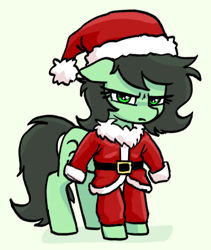 Size: 354x419 | Tagged: safe, artist:plunger, derpibooru import, oc, oc only, oc:anon filly, earth pony, pony, christmas, clothes, costume, drawthread, female, filly, foal, green eyes, hat, holiday, santa costume, santa hat, simple background, solo, white background