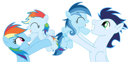 Size: 1280x626 | Tagged: safe, artist:soarindasher10, derpibooru import, rainbow dash, soarin', oc, oc:ragtag, oc:shooting star, pegasus, pony, g4, female, filly, foal, male, mare, offspring, parent:rainbow dash, parent:soarin', parents:soarindash, shipping, siblings, simple background, soarindash, stallion, straight, transparent background, twins