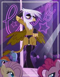 Size: 3893x5001 | Tagged: safe, artist:darkshalls, artist:seurnik, artist:shallarts, derpibooru import, fluttershy, gilda, pinkie pie, rainbow dash, earth pony, griffon, pegasus, pony, base used, clothes, commission, eyeshadow, female, fingerless gloves, gildashy, gloves, hoof hold, latex, latex socks, lesbian, makeup, mare, money, panties, ship:gildapie, ship:gildash, shipping, socks, stockings, stripper, stripper pole, thigh highs, underwear, ych result