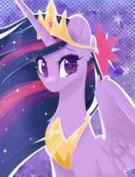 Size: 3105x4086 | Tagged: safe, artist:star-bright-ofc, derpibooru import, princess twilight 2.0, twilight sparkle, twilight sparkle (alicorn), alicorn, pony, g4, abstract background, crown, cutie mark background, ethereal mane, eye clipping through hair, eyebrows, eyebrows visible through hair, eyelashes, female, jewelry, long mane, looking at you, mare, older, older twilight, older twilight sparkle (alicorn), one wing out, partially open wings, peytral, regalia, slender, smiling, smiling at you, solo, starry mane, tall, thin, wings