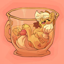 Size: 3000x3000 | Tagged: safe, artist:cookiedough, derpibooru import, applejack, earth pony, pony, g4, cup, cup of pony, drink, female, mare, micro, signature, simple background, solo, tiny