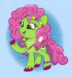 Size: 1894x2048 | Tagged: safe, derpibooru import, earth pony, pony, background pony, g6, golden eyes, green pony, jewelry, pink hair, reboot, reboot series, unshorn fetlocks