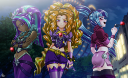 Size: 2606x1600 | Tagged: safe, artist:mauroz, derpibooru import, adagio dazzle, aria blaze, sonata dusk, human, g4, adagiazonga dazzle, aria bazookas, ass, bedroom eyes, belly, belly button, belly piercing, bellyring, breasts, butt, cleavage, clothes, corset, dark skin, female, fishnet clothing, fishnet stockings, glare, glowing, glowing eyes, humanized, lidded eyes, microphone, midriff, miniskirt, piercing, red eyes, remastered, skirt, socks, sonata donk, stockings, the dazzlings, thigh highs, unf, wide hips