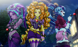 Size: 2606x1600 | Tagged: safe, alternate version, artist:mauroz, derpibooru import, adagio dazzle, aria blaze, sonata dusk, human, equestria girls, g4, adagiazonga dazzle, aria bazookas, ass, bedroom eyes, belly, belly button, belly piercing, bellyring, breasts, butt, cleavage, clothes, corset, female, fishnet clothing, fishnet stockings, glare, glowing, glowing eyes, lidded eyes, midriff, miniskirt, outdoors, piercing, red eyes, remastered, skirt, socks, sonata donk, stockings, the dazzlings, thigh highs, unf, wide hips