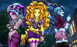 Size: 2606x1600 | Tagged: safe, alternate version, artist:mauroz, derpibooru import, adagio dazzle, aria blaze, sonata dusk, human, equestria girls, g4, adagiazonga dazzle, aria bazookas, ass, bedroom eyes, belly, belly button, belly piercing, bellyring, breasts, butt, cleavage, clothes, corset, female, fishnet clothing, fishnet stockings, glare, glowing, lidded eyes, midriff, miniskirt, outdoors, piercing, red eyes, remastered, skirt, socks, sonata donk, stockings, the dazzlings, thigh highs, unf, wide hips