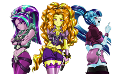 Size: 2606x1600 | Tagged: safe, alternate version, artist:mauroz, derpibooru import, adagio dazzle, aria blaze, sonata dusk, human, equestria girls, g4, adagiazonga dazzle, aria bazookas, ass, bedroom eyes, belly, belly button, belly piercing, bellyring, breasts, butt, cleavage, clothes, corset, female, fishnet clothing, fishnet stockings, glare, glowing, lidded eyes, midriff, miniskirt, piercing, red eyes, remastered, simple background, skirt, socks, sonata donk, stockings, the dazzlings, thigh highs, transparent background, unf, wide hips