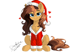 Size: 4864x3328 | Tagged: safe, artist:starshine, derpibooru import, oc, oc only, earth pony, pony, chest fluff, christmas, clothes, commission, cute, female, hat, head tilt, heart, holiday, looking at you, mare, santa costume, santa hat, signature, simple background, sitting, smiling, smiling at you, white background