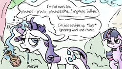 Size: 1200x675 | Tagged: safe, artist:pony-berserker, derpibooru import, rarity, twilight sparkle, twilight sparkle (alicorn), alicorn, pony-berserker's twitter sketches, g4, alcohol, alcoholism, drink, drinking, drunk bubbles, emanata, magic, mispronunciation, pony-berserker's twitter sketches (2024), procrastination, rarity being rarity, sad, telekinesis, tired