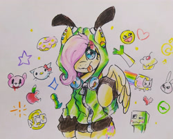 Size: 4096x3288 | Tagged: safe, artist:mirio_p2, derpibooru import, fluttershy, bear, pegasus, pony, g4, :p, antonymph, apple, clothes, colored, creeper, creeper (minecraft), cutiemarks (and the things that bind us), donut, ear piercing, epic face, fluttgirshy, food, full color, gauges, gay pride flag, gir, gloomy bear, headphones, hello kitty, hoodie, invader zim, minecraft, ncs, one eye, onion, piercing, pride, pride flag, sanrio, solo, starry eyes, tongue, tongue out, traditional art, vylet pony, wingding eyes