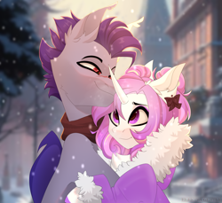 Size: 2834x2592 | Tagged: safe, artist:elektra-gertly, derpibooru import, oc, oc:dainty dove, oc:thunder run, bat pony, pony, unicorn, cuddling, duo, female, horn, human shoulders, male, winter