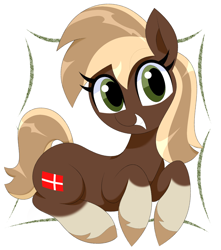 Size: 1752x1980 | Tagged: safe, artist:scandianon, derpibooru import, oc, oc only, oc:jutlandmare, earth pony, pony, coat markings, denmark, female, hooves, looking at you, lying down, mare, nation ponies, ponified, prone, simple background, smiling, socks (coat marking), species swap, unshorn fetlocks