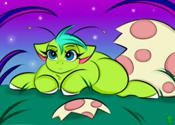 Size: 1400x1000 | Tagged: safe, artist:namelessplaza, derpibooru import, oc, oc only, oc:starzie, alien, alien pony, pony, baby, baby pony, egg, female, foal, hatching, night, plant, solo, stars