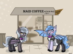 Size: 2503x1864 | Tagged: safe, artist:n-o-n, derpibooru import, oc, oc only, oc:lucky roll, oc:reeree, bat pony, pony, clothes, coffee, confused, dress, eeee, female, fishnet clothing, fishnet stockings, looking at you, maid, maid headdress, mare, no thoughts head empty, ribbon, shop, skirt, smiling, smiling at you, stockings, thigh highs, welcome to the show