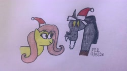 Size: 4032x2268 | Tagged: safe, derpibooru import, discord, fluttershy, friendship is magic, g4, 2024, christmas, duo, duo male and female, female, holiday, male, my little pony: friendship is magic, santa hats, smiling