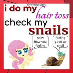 Size: 894x894 | Tagged: safe, derpibooru import, edit, fluttershy, snails, original species, pegasus, pony, g4, g4.5, my little pony: pony life, 1000 years in photoshop, good as hell, lizzo, meme, pun, shitposting, snail, snail pony, snailified, wat