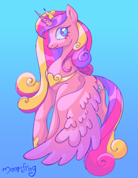 Size: 1594x2048 | Tagged: safe, artist:moormoorfrog, derpibooru import, princess cadance, alicorn, pony, g4, female, gradient background, hoof shoes, horn, mare, princess shoes, signature, solo, tail, wings