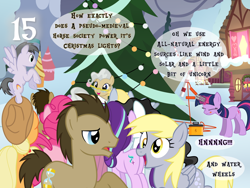 Size: 1440x1080 | Tagged: safe, artist:bronybyexception, derpibooru import, applejack, derpy hooves, doctor whooves, mercury, pinkie pie, rainbow swoop, spectrum, starlight glimmer, starry eyes (character), twilight sparkle, unicorn twilight, earth pony, pegasus, pony, unicorn, g4, advent calendar, battery, christmas, christmas tree, female, holiday, implied time travel, lip gloss, male, mare, ponyville, self paradox, self ponidox, stallion, starry eyes (g4), tree