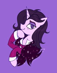 Size: 915x1184 | Tagged: safe, artist:moormoorfrog, derpibooru import, oc, oc only, pony, unicorn, clothes, commission, horn, purple background, simple background, smiling, solo, unicorn oc, watermark