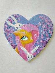 Size: 960x1280 | Tagged: safe, artist:moormoorfrog, derpibooru import, fluttershy, pegasus, pony, rabbit, g4, animal, female, flower, heart, magnet, mare, smiling, traditional art