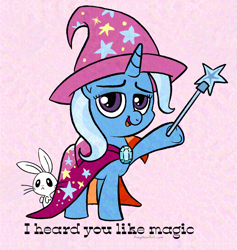 Size: 2410x2540 | Tagged: safe, artist:amynewblue, derpibooru import, angel bunny, trixie, pony, rabbit, unicorn, g4, animal, blue mane, blue pony, cape, clothes, duo, hat, horn, lesbian pride flag, magic wand, pink background, pride, pride flag, purple eyes, simple background, song reference, trixie's cape, trixie's hat