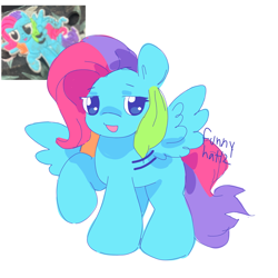 Size: 2048x2048 | Tagged: safe, artist:funnyhat12, derpibooru import, rainbow dash (g3), pegasus, pony, g3, female, mare, open mouth, raised hoof, raised leg, reference used, signature, solo, spread wings, tail, wings