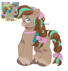 Size: 1960x2048 | Tagged: safe, artist:funnyhat12, derpibooru import, horse, bow, cocoa (wild manes), female, hair bow, mare, open mouth, open smile, saddle, screencap reference, signature, smiling, solo, tack, tail, tail bow, unshorn fetlocks, wild manes